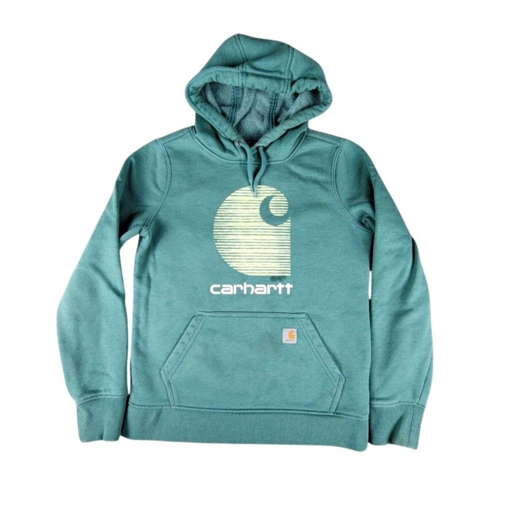 Carhartt Hoodie Sweatshirt Womens XS Green Rain Defender Logo Fleece Pullover